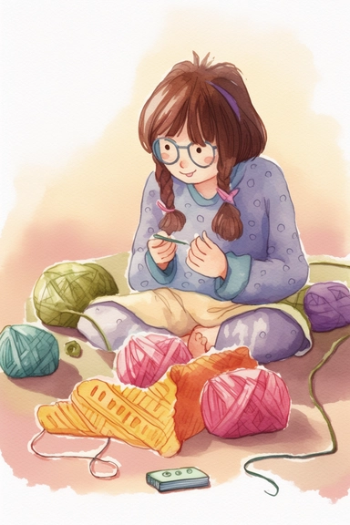 young girl crocheting, sitting on the carpet surrounded by yarn, smiling, watercolour, kawaii, clipart