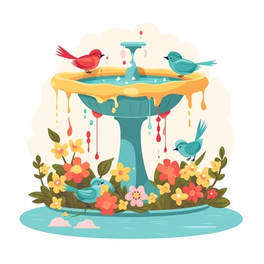 Birdbaths Clipart - springtime cute garden bird bath scenery wedding,cartoon flat vector illustration isolated on white background,