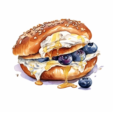 realistic bagel with cream cheese watercolor clipart on white background