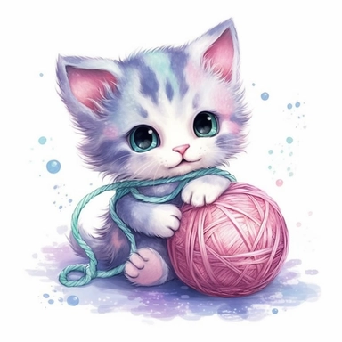A small kitten holding a ball of yarn.