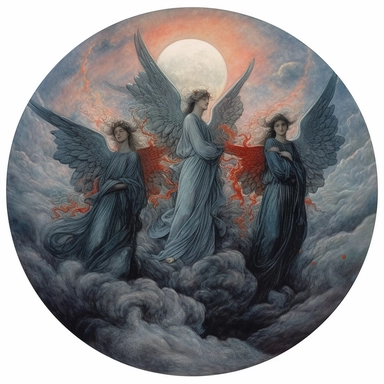 clipart, pastel blue sky, gray black clouds, red sun, white angels fly in the clouds, realism, t-shirt design, white background, Painting By Jean Delville,Memecore