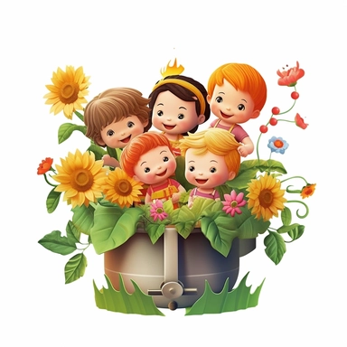 Capture a charming commercial moment with a beautifully detailed, ultra-realistic illustration of a lovables [children having a barbecue] half hidden in the front of a little pot of nice flowers, backgroundof a nice and floral farm, creating an endearing scene ideal for nursery-style clipart and baby room décor. Isolated on a clean white background, this highly-detailed, award-winning artwork