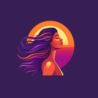 a brand logo set against deep dark purple background, clipart style, woman's face in profile facing right with her hair flowing down from her head counterclockwise ending just below her chin and her hair is the color and shape of pure sunshine while her skin is the color of sunset on the horizon, and around her profile are short yellow wavy rays of sunshine emanating from her in all directions, clean line art, fine line art--HD
