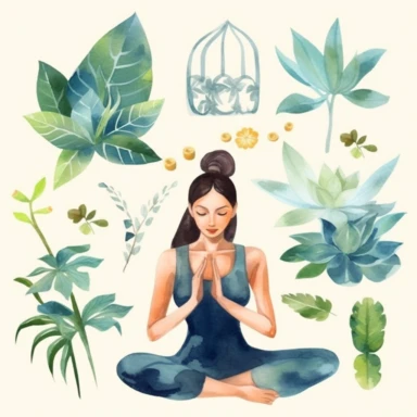 a set of high quality hand painted magical themed watercolour Yoga transparent clipart which includes illustrations of exercising women, fresh green plants, mindful lifestyle elements and others, modernistic design, fun mood, stylish, magazine style ad, ultra high quality. 8K