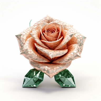 clipart of a realistic rendering of a peach-pink rose made out of pure diamond and emerald on a white background, in the style of extremely detailed, sculpted, geometrical, mineral, expensive, 8k