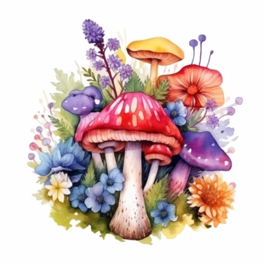 watercolor Whimsical Mushroom Bouquet clipart : Design a clipart featuring a bouquet composed of various whimsical mushrooms intertwined with colorful flowers and foliage 5*5 inch white background