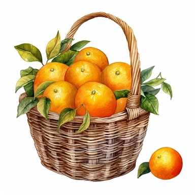 Watercolor Oranges in basket clipart white background