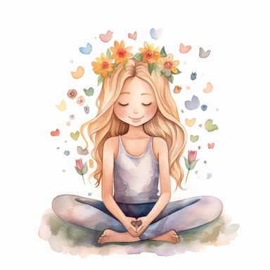 girl puts hands on heart, happy face, meditation, full body, sitting, blonde hair, brown skin, flowers on head, simple drawing for a children's book, watercolor, self love, mindfulness, beautiful thoughts,clear white background, handrawn watercolor graphic clipart, 16k