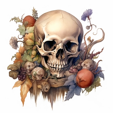 clipart memmento mori, no letters, detailed, watercolour, coloured, grim
