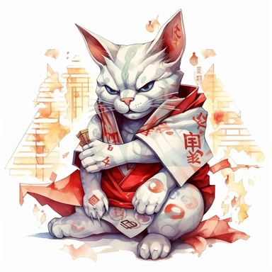 Maneki-neko, Domestic Shorthair, joyful, origami In the style of Brian Froud & Alan Lee, clipart, complex design, dreamy color, white contour, white background only