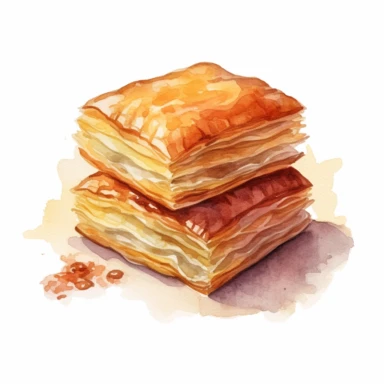 a watercolor clipart, vector of a baklava in the style of vintage imagery, decorative paintings, subtle shading, nature core, cottagecore, muted colors, craftcore, on a white background, uhd image