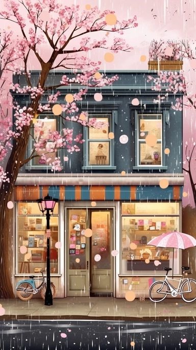 Very very cute and Whimsical quirky Jazzy coffee shop, building corner, cherry tree blossom, Raining colorful, Watercolored illustration in the style of Michael Powell, clipart, city vibe background - 8K