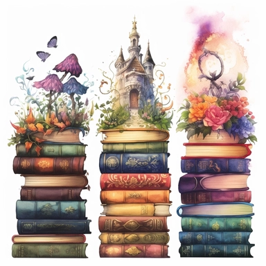 enchanting books that reveal fantastical and magical worlds when their covers are opened Watercolour Fantasy Books Clipart