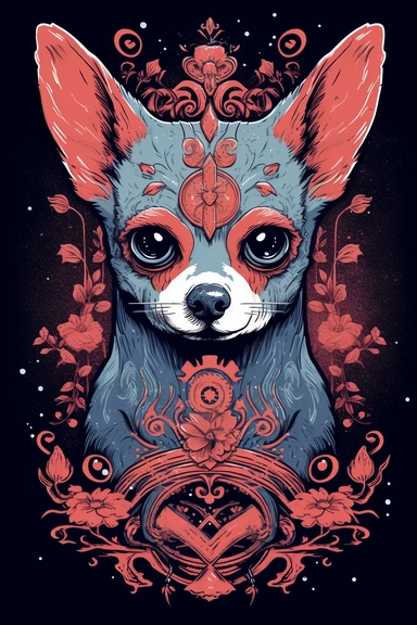 doodle drawing for bootleg shirt of gorgeous chihuahua, third eye, occult, esoteric, white background, clipart, layered composition, muted color palette