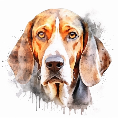 american english coonhound watercolour painting realistic yet stylized, digitally enhanced, clipart, 32k uhd, detailed crosshatching white background