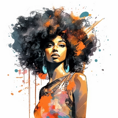 black woman urban dressed, curly Afro, hand drawn style, intricate details, fierce and bold feminine style, watercolor background , clipart style