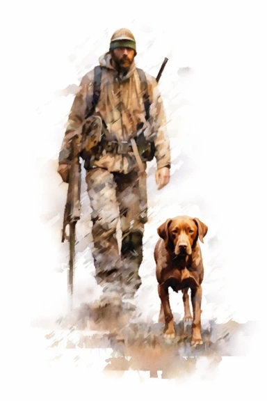vizla dog and a hunter walking dreamy clipart illustration, Style Fusion between watercolor, Grisaille and Thick impasto, mesmerising clipart on a white background, soft colors, 16k UHD, detailed textures