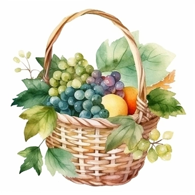watercolor fairy fruit basket made with vine leafs, with forest clipart, white background