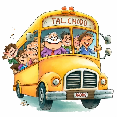 2d cute clipart of an older greying bus driver happily driving a school bus full of kids to school, white background