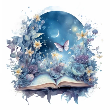 fantasy scene coming out of an open book, moon fairies stars, florals, magical, watercolors, Clipart, pastel blue color theme