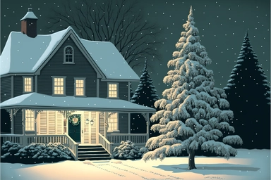 Stunning Vector clip art Christmas scene. frosty winter evening, snow is falling gently outside. The Christmas scene is one of festive cheer, as a cozy house is adorned with twinkling Christmas lights and colorful decorations. A tall Christmas tree with ornaments, gifts, decorations stands proudly in the front yard, its branches glistening with snow. The house itself is a picture of holiday cheer. Its windows are adorned with wreaths and garlands, and a wisp of smoke curls from the chimney. The 