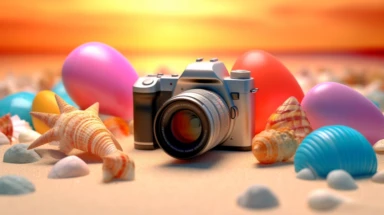 3d abstract summer nature beach object clipart with Gradient Color Overlay Background, minimal, soft color, artistic, high resolution, 8K, Canon 5d Mark IV 35mm IS F1.4 lens,