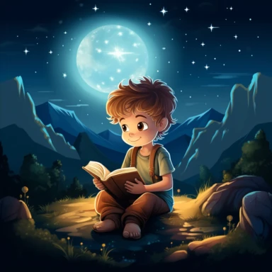 clipart little boy sitting on the ground outside in the mountains reading his bible with a flashlight in one hand shining on the book under the stars