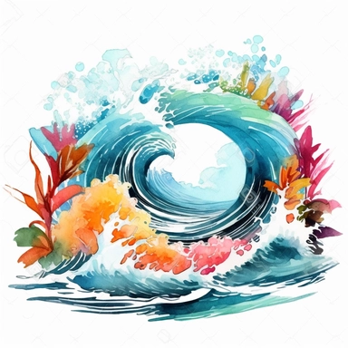 logo colourful Watercolor Ocean Waves on a summer beach clipart watercolor white background