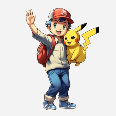 ash from pikachu waving goodbye, clipart, no background, 8k, cartoon