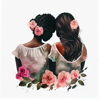 Watercolor black women best friends hugging each other sitting with their backs together with pink roses and delicate vines clipart