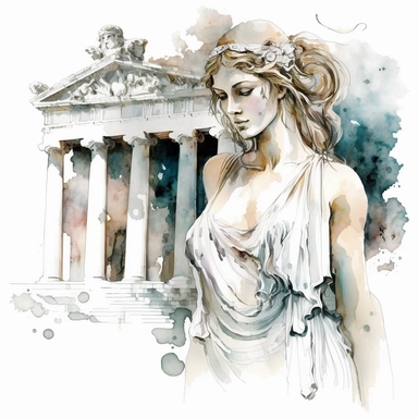 detailed watercolour clipart of Aphrodite in an ancient greek dress near ancient Greek temple, beautiful face, white background