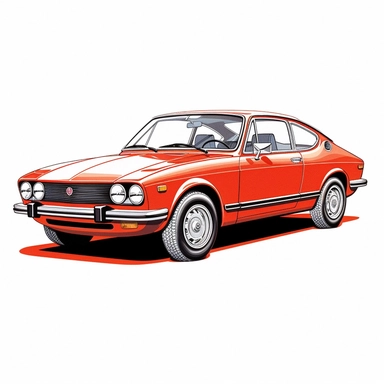 in clipart style, A meticulously crafted illustration of a red 1974 Volkswagen Scirocco, highlighting its iconic design and graceful contours, placed against pure white background (style: evoking the accuracy and refinement of classic automobile blueprints) (lighting: deliberate, directional lighting, casting gentle highlights and shadows on the car's structure) (colors: an elegant palette of red for the Volkswagen's body set against a pristine, white backdrop) (composition: captured from a side