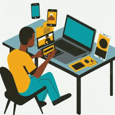 reate a clipart that features a person using multiple technological devices at once. The person should be sitting at a desk or table and using a laptop, a smartphone, and a camera. The laptop could have various programs or software displayed on the screen, the smartphone could have an app open, and the camera could be pointed towards the person or an object. The clipart should convey a sense of productivity and efficiency, as if the person is using technology to get work done. The colors used sh