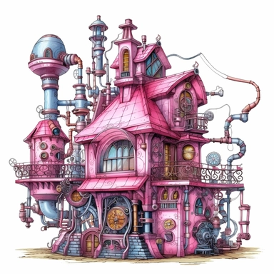 Beautiful Pink Steampunk House Sublimation Girl Clipart ,Cartoon,hyper realistic, intricate detail, illustration style,high solution,on the white background