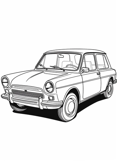 Simple kid minimal retro car black and white vector clipart coloring page with white background,