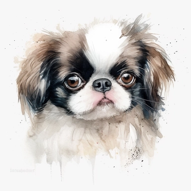 cute Japanese Chin dog portrait, full face, centered shot, side shot, dynamically posed, in action, playful mood, happy mood, playing mood, cute face, adorable smile, childlike eyes, clean watercolor illustration, white background, nursery baby imagery, painting, detailed, 8k, PNG, clipart,