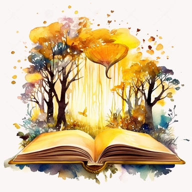yellow watercolour image of magical forest coming out of a book clipart, vector image