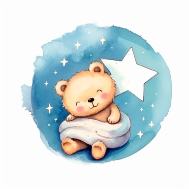 childrens illustration of Sleeping baby teddy bear resting on curve of crescent moon. White background. Surrounded by 5 stars. Minimal. Cupcake Delight colours. Nursey. Soft Watercolour Style. Clipart