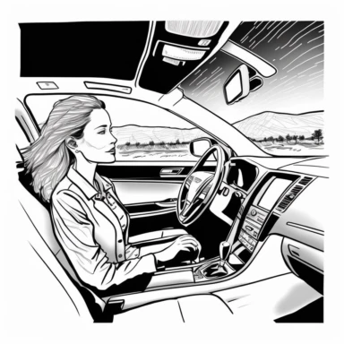 honda accord, interior, female driver injured, adobe illustrator, illustration, black and white line art, dynamic composition, forced perspective, clipart, blank background