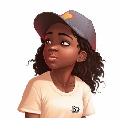 a drawing of a curious little black girl wearing a baseball cap and tshirt, pretty summer sundress, black girl fantasy, cartoon illustrations, vector clipart, in the style of 32k uhd, lilia alvarado, walt disney, depictions of aristocracy, childlike, photorealistic details, white background