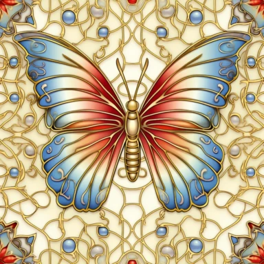 Seamless pattern, butterfly clipart, multi color with metallic gold overlays, Pixar style, vintage ivory background — tile