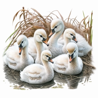 swan babies in their habitat clipart, white background