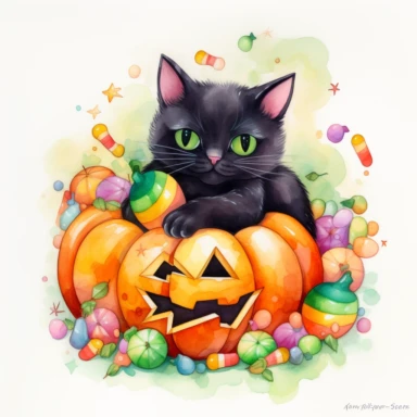 a large Halloween pumpkin, pumpkin is filled with colorful wrapped candies, lollipops, and candy corn, inside the pumpkin is a cute little black kitten with big green eyes, scattered candy is laying flat around the pumpkin, Halloween colors, magic, fantasy, watercolor, clipart style, white background with margins