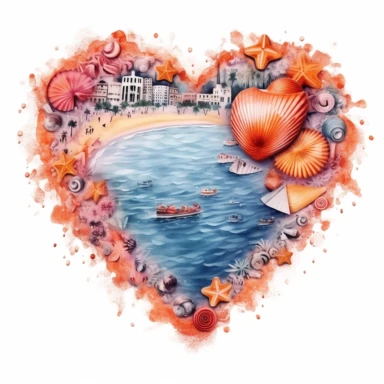 Orange beach heart shape, illustration clipart, detailed, black outline, white background, digital art, watercolor
