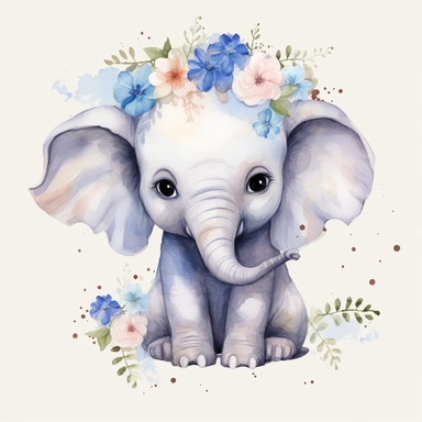 cute baby elephant with flowers, baby baby pictures, vector, watercolor clipart, Sublimation graphics, , watercolor clipart, unique design, print on demand image, transparent PNG background, white background, 8k