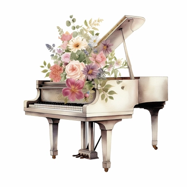 baby grand piano spring floral clipart, white background