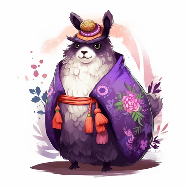 plump purple llama portrait game character, Wuxia, pumpkin crown on her head, kabuki, full body, hyper detailed, Studio Ghibli and Makoto Shinkai, cartoon style, 2d watercolor clipart vector, cozy, creative and imaginative, hd, white background