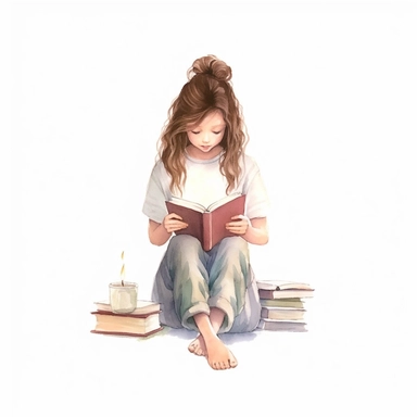 girl reading, pastel colors, light watercolor, few details, dreamy, Studio Ghibli, clipart, white background