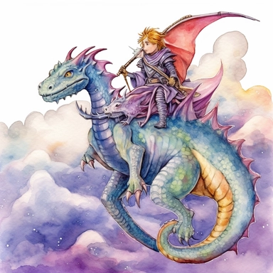dragon and knight in a fantastical and magical world, watercolor fantasy clipart