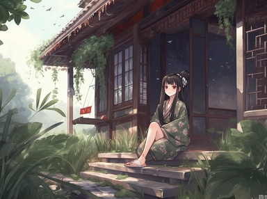 watercolor clipart person japanese girl sitting on the front porch with leafy landscape, in the style of nightcore, western zhou dynasty, nene thomas, i can't believe how beautiful this is, cranberrycore, happenings, japanese traditional